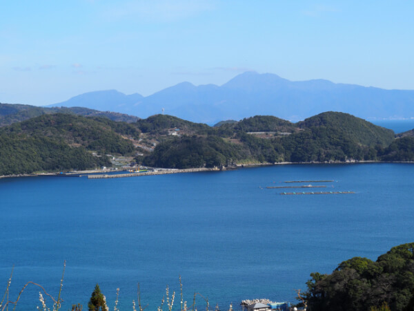 生け簀のある橘湾の風景